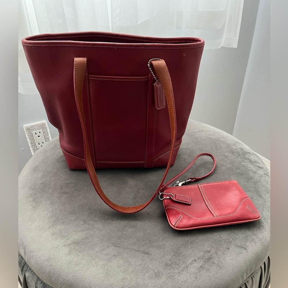 Coach Vintage Leather Red tote with matching wristlet, excellent condition!